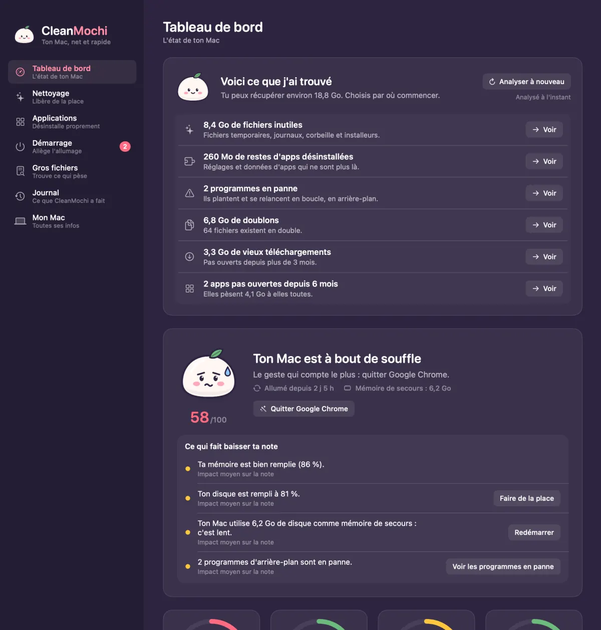 Tableau de bord de CleanMochi après une analyse : note de 58 sur 100, le geste conseillé (quitter Google Chrome) et la liste de ce qui fait baisser la note.