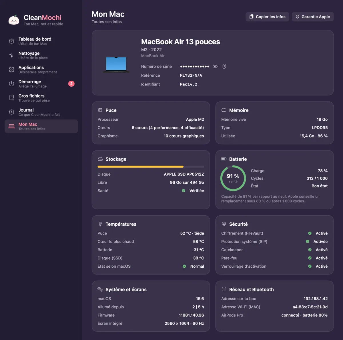 Écran Mon Mac de CleanMochi : puce, mémoire, stockage avec l'espace libre et la santé du disque, batterie, températures et sécurité.