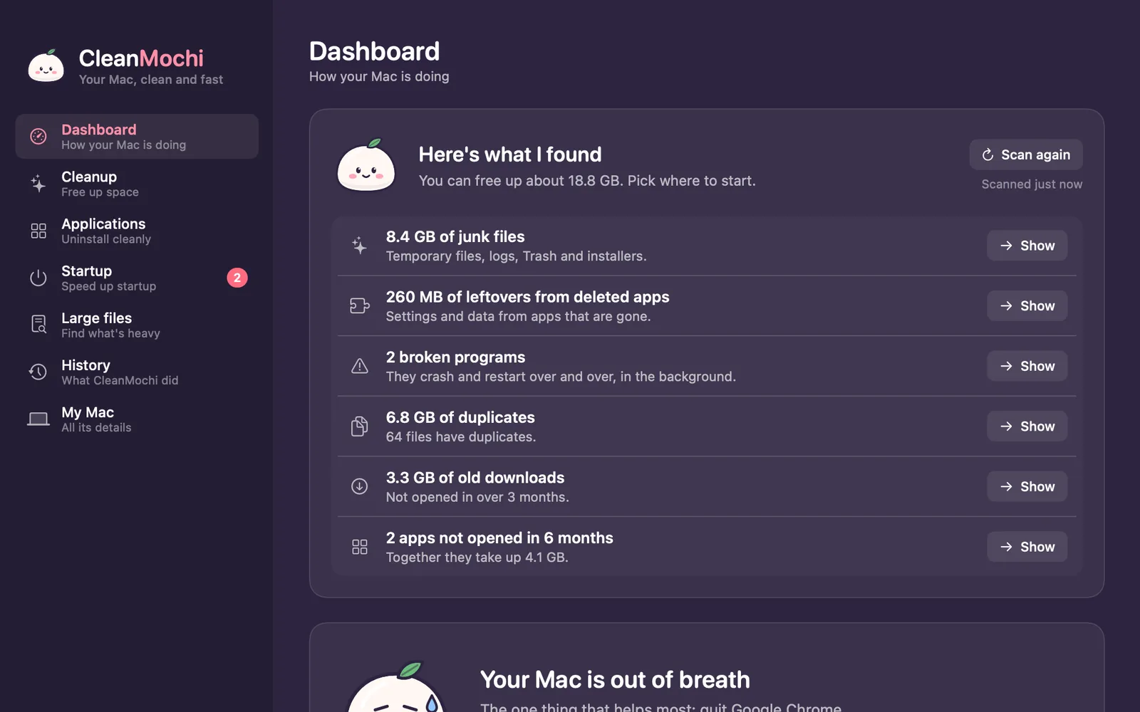 CleanMochi after a scan: Mochi found 18.8 GB to recover, app leftovers, two crashing background programs and duplicates, and explains why the health score is 58 out of 100.